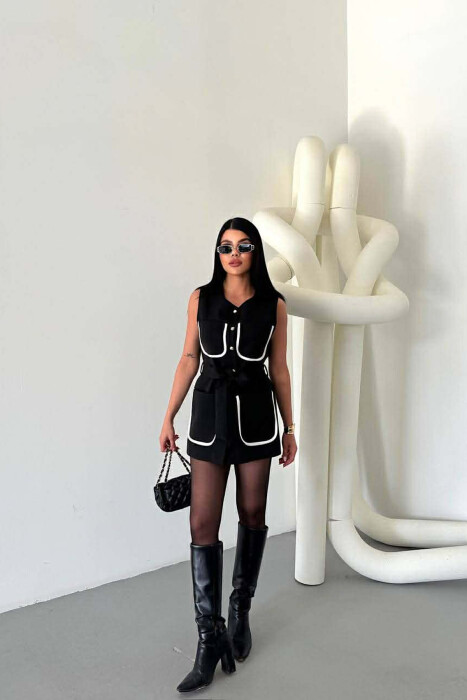 ONE COLOR FOUR FRONT POCKETS LONG WOMEN VEST BLACK/ E ZEZE - 1