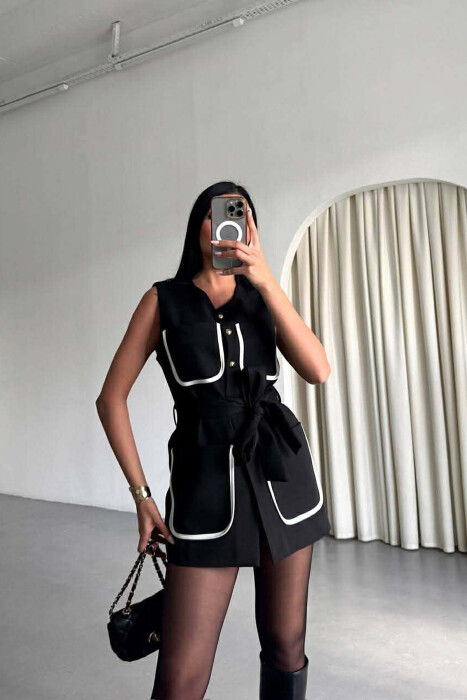 ONE COLOR FOUR FRONT POCKETS LONG WOMEN VEST BLACK/ E ZEZE - 2