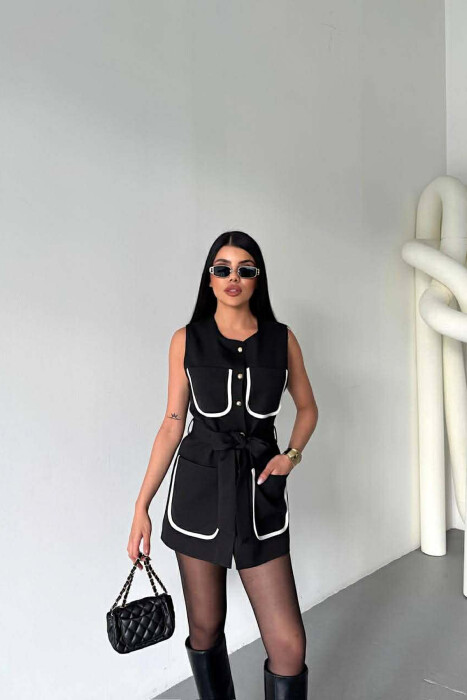 ONE COLOR FOUR FRONT POCKETS LONG WOMEN VEST BLACK/ E ZEZE - 5