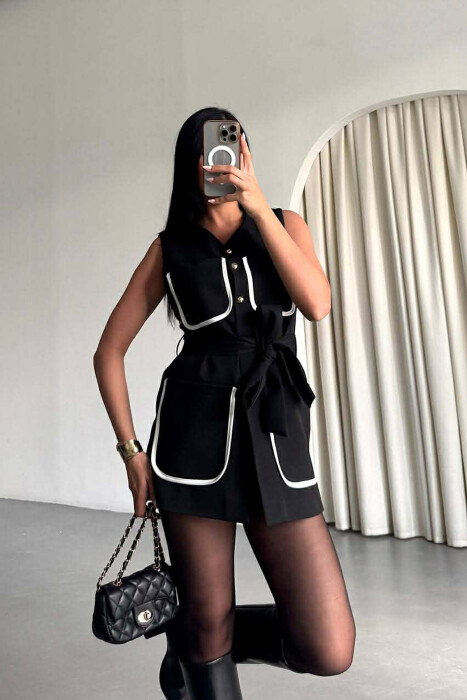 ONE COLOR FOUR FRONT POCKETS LONG WOMEN VEST BLACK/ E ZEZE - 7