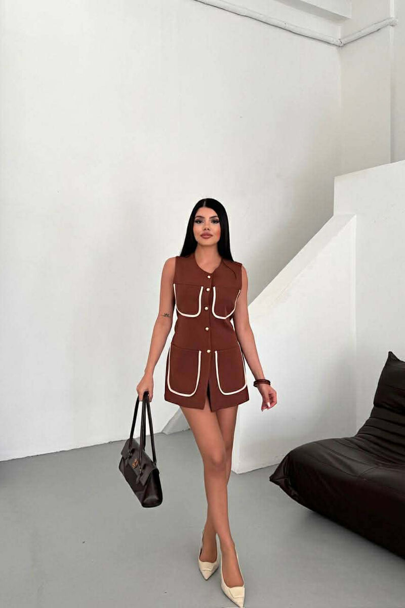 ONE COLOR FOUR FRONT POCKETS LONG WOMEN VEST BROWN/KAFE - 1