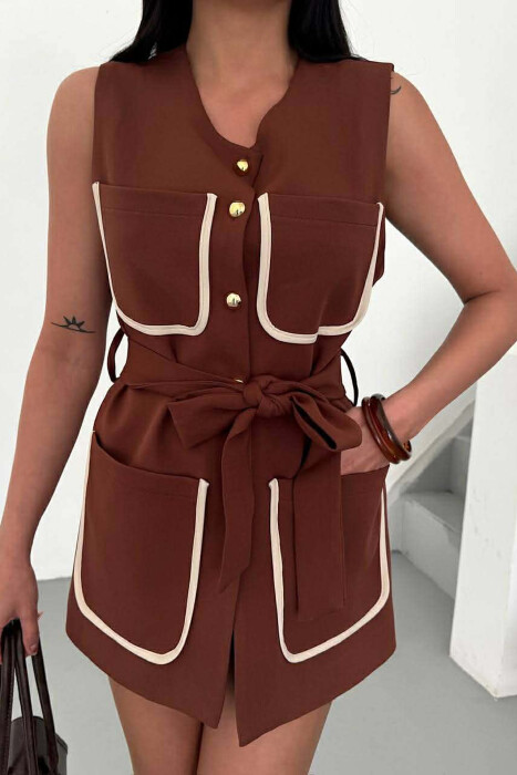 ONE COLOR FOUR FRONT POCKETS LONG WOMEN VEST BROWN/KAFE - 2