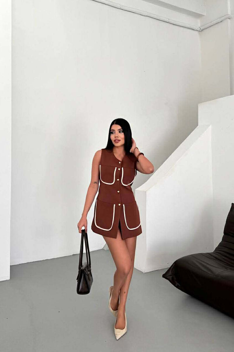 ONE COLOR FOUR FRONT POCKETS LONG WOMEN VEST BROWN/KAFE - 3