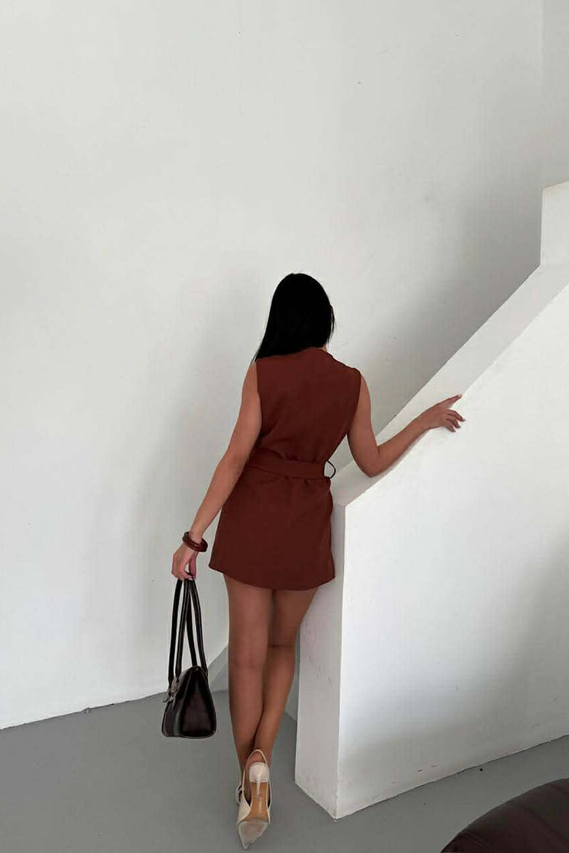 ONE COLOR FOUR FRONT POCKETS LONG WOMEN VEST BROWN/KAFE - 4