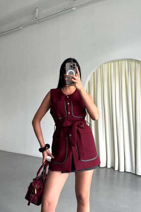 ONE COLOR FOUR FRONT POCKETS LONG WOMEN VEST BURGUNDY/VISHNJE - 1