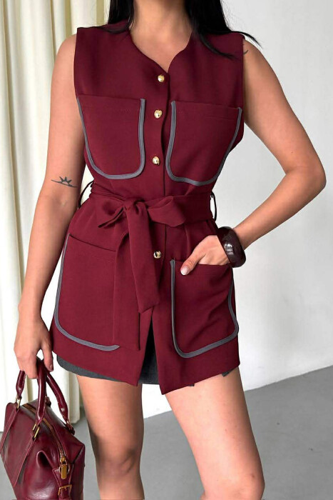 ONE COLOR FOUR FRONT POCKETS LONG WOMEN VEST BURGUNDY/VISHNJE - 2