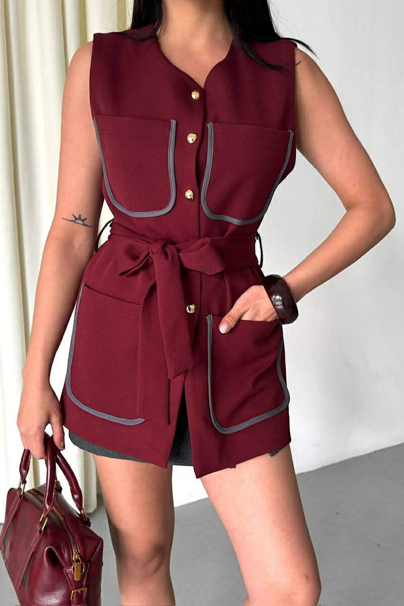 ONE COLOR FOUR FRONT POCKETS LONG WOMEN VEST BURGUNDY/VISHNJE - 2
