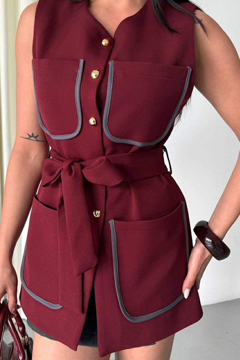 ONE COLOR FOUR FRONT POCKETS LONG WOMEN VEST BURGUNDY/VISHNJE - 3