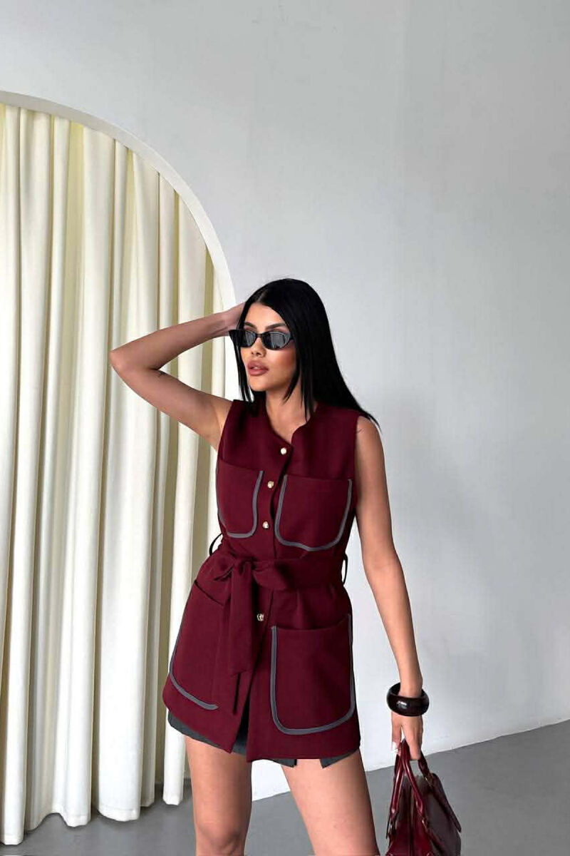 ONE COLOR FOUR FRONT POCKETS LONG WOMEN VEST BURGUNDY/VISHNJE - 4