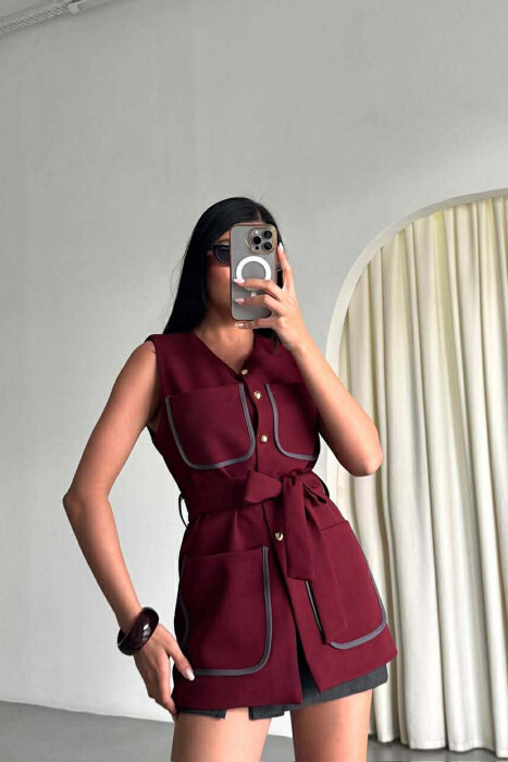 ONE COLOR FOUR FRONT POCKETS LONG WOMEN VEST BURGUNDY/VISHNJE - 5