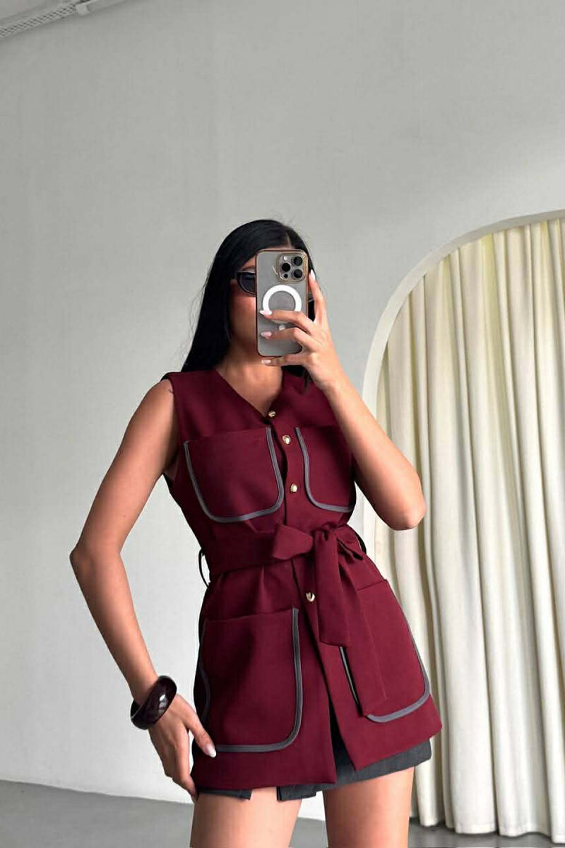 ONE COLOR FOUR FRONT POCKETS LONG WOMEN VEST BURGUNDY/VISHNJE - 5