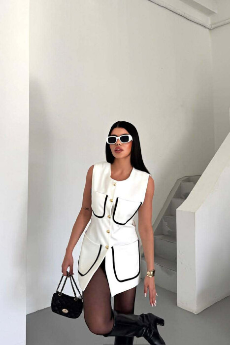 ONE COLOR FOUR FRONT POCKETS LONG WOMEN VEST WHITE-E BARDHE - 6