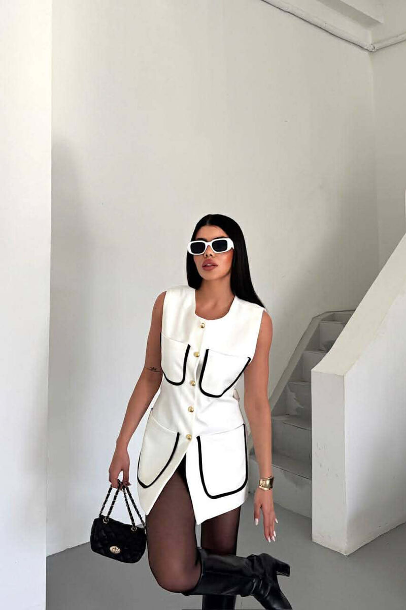 ONE COLOR FOUR FRONT POCKETS LONG WOMEN VEST WHITE-E BARDHE - 6