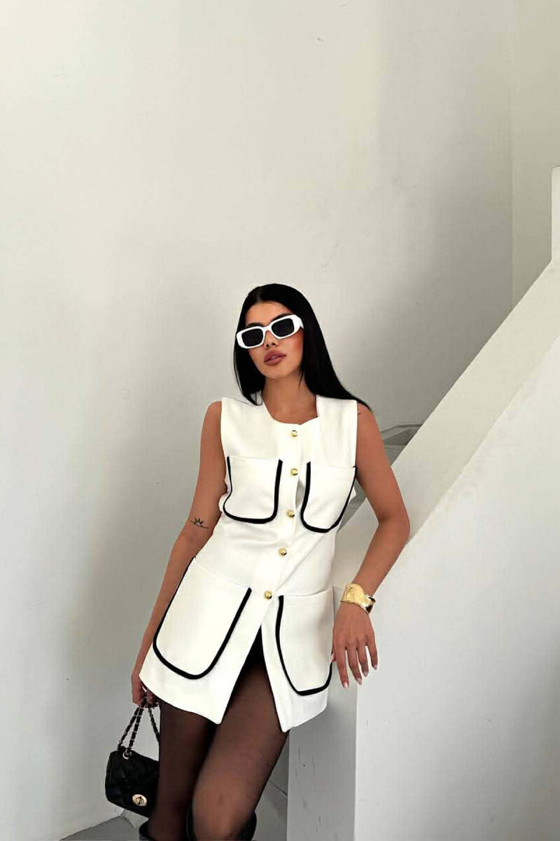 ONE COLOR FOUR FRONT POCKETS LONG WOMEN VEST WHITE-E BARDHE - 7