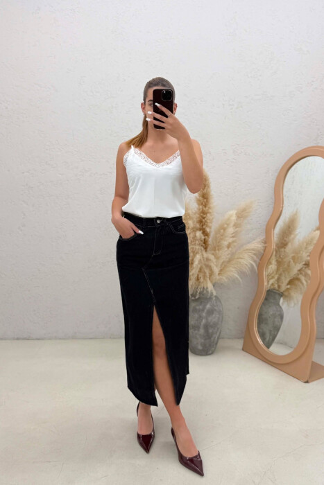 ONE COLOR FRONT CUT DENIM WOMAN SKIRT DARK BLUE/BEE - KLAUDIO FASHION