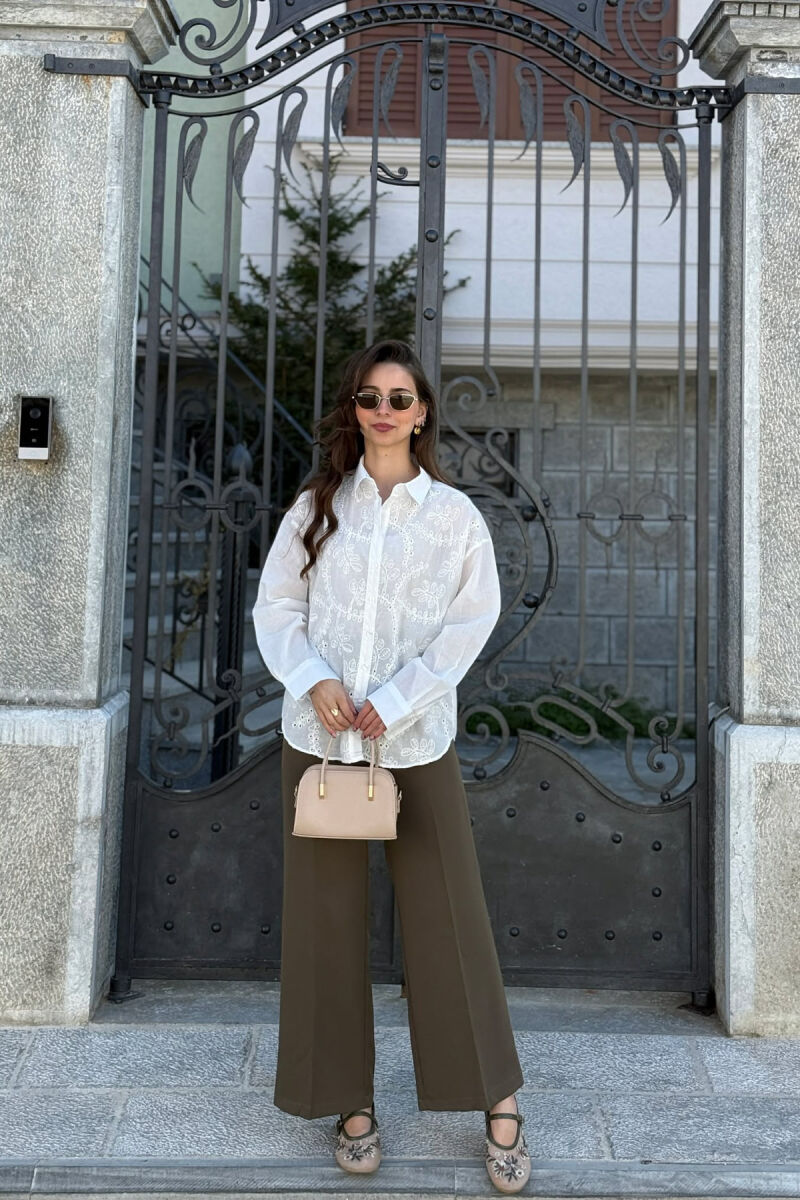 ONE COLOR FRONT EYELET EMBROIDERY WOMAN SHIRT WHITE-E BARDHE - 3