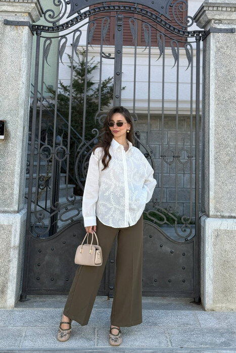 ONE COLOR FRONT EYELET EMBROIDERY WOMAN SHIRT WHITE-E BARDHE - 4