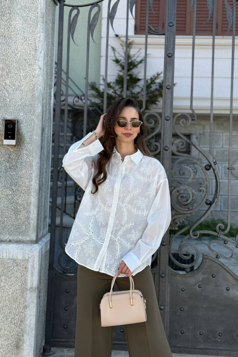 ONE COLOR FRONT EYELET EMBROIDERY WOMAN SHIRT WHITE-E BARDHE - 5