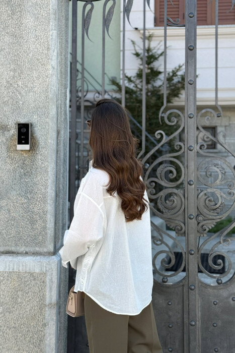 ONE COLOR FRONT EYELET EMBROIDERY WOMAN SHIRT WHITE-E BARDHE - 7