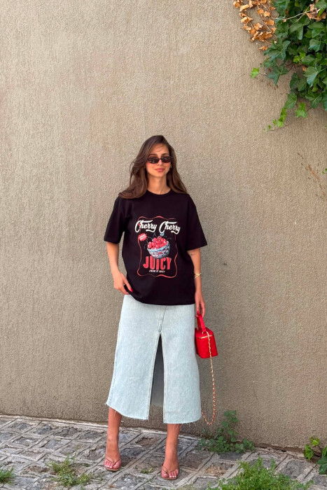 ONE COLOR FRONT IMAGE WOMAN T-SHIRT BLACK/ E ZEZE - KLAUDIO FASHION