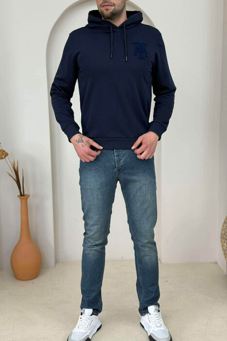 ONE COLOR FRONT LOGO SIMPLE MEN HOODIE DARK BLUE/BEE 