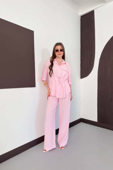 ONE COLOR FRONT POCKET SHIRT + TROUSERS WOMAN SET PINK/ROZE - KLAUDIO FASHION