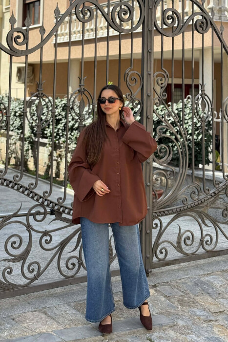 ONE COLOR FRONT POCKET WOMAN SHIRT BROWN/KAFE - 1