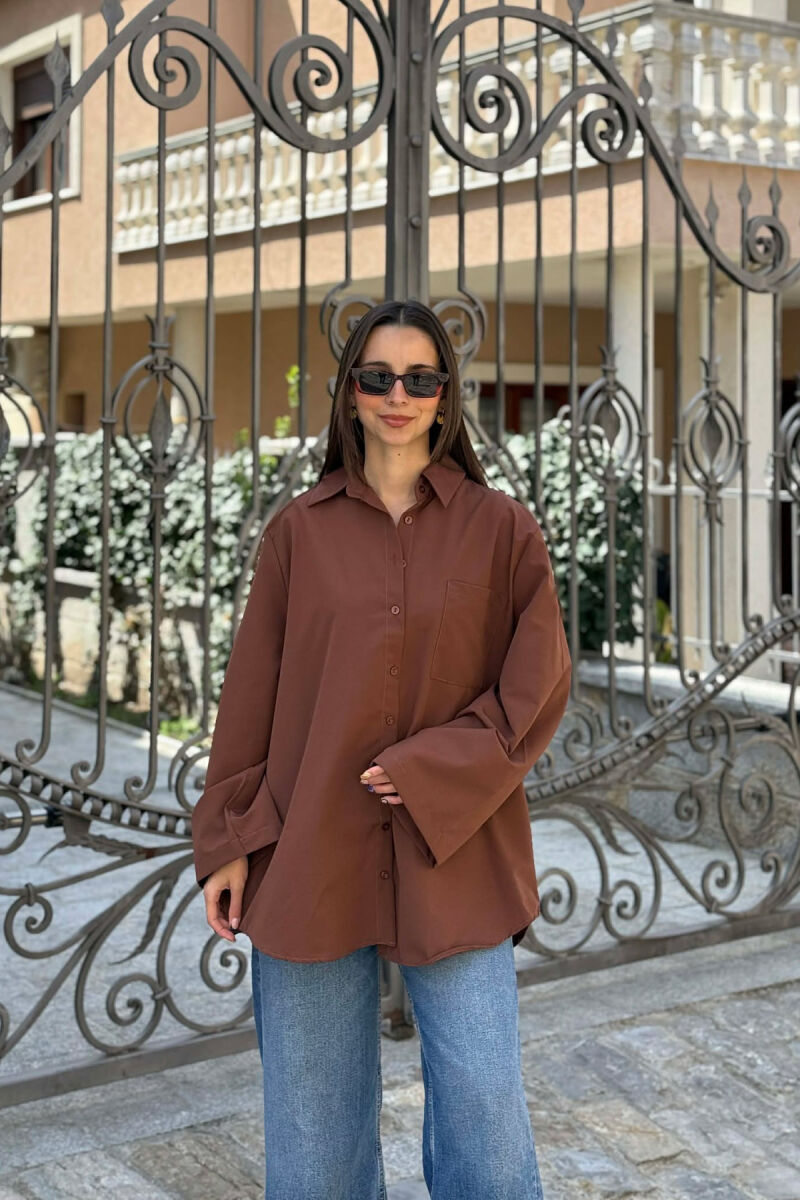 ONE COLOR FRONT POCKET WOMAN SHIRT BROWN/KAFE - 3