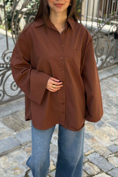 ONE COLOR FRONT POCKET WOMAN SHIRT BROWN/KAFE - 4