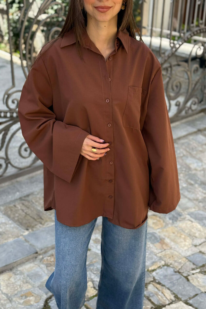 ONE COLOR FRONT POCKET WOMAN SHIRT BROWN/KAFE - 4