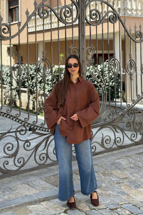 ONE COLOR FRONT POCKET WOMAN SHIRT BROWN/KAFE - 5