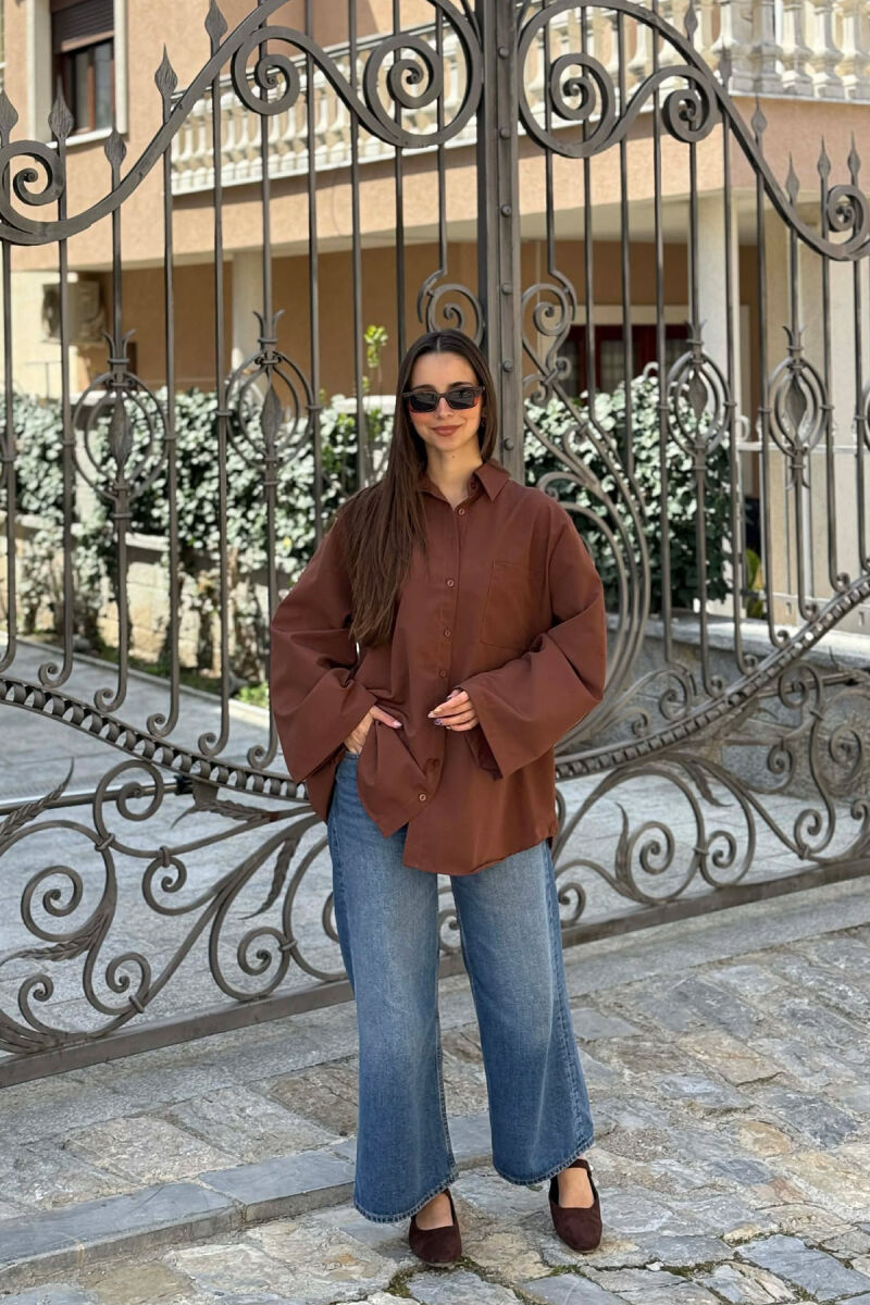 ONE COLOR FRONT POCKET WOMAN SHIRT BROWN/KAFE - 5