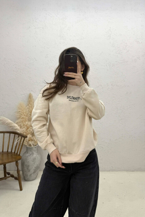 ONE COLOR FRONT PRINTED WOMEN SWEATSHIRT BEIGE/BEZHE - KLAUDIO FASHION