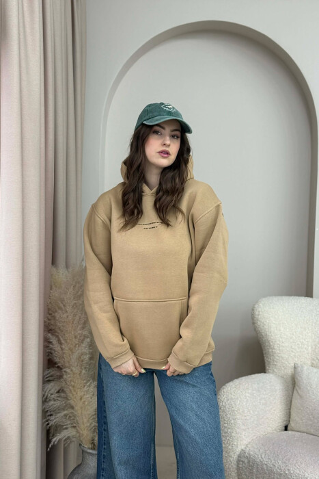 ONE COLOR FRONT SIMPLE WRITTING WOMEN HOODIE BEIGE/BEZHE - 1