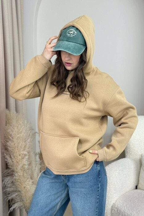 ONE COLOR FRONT SIMPLE WRITTING WOMEN HOODIE BEIGE/BEZHE - 3