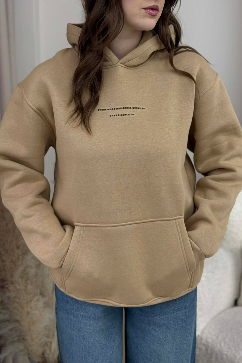 ONE COLOR FRONT SIMPLE WRITTING WOMEN HOODIE BEIGE/BEZHE - 4