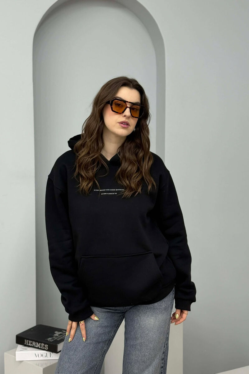 ONE COLOR FRONT SIMPLE WRITTING WOMEN HOODIE BLACK/ E ZEZE - 1