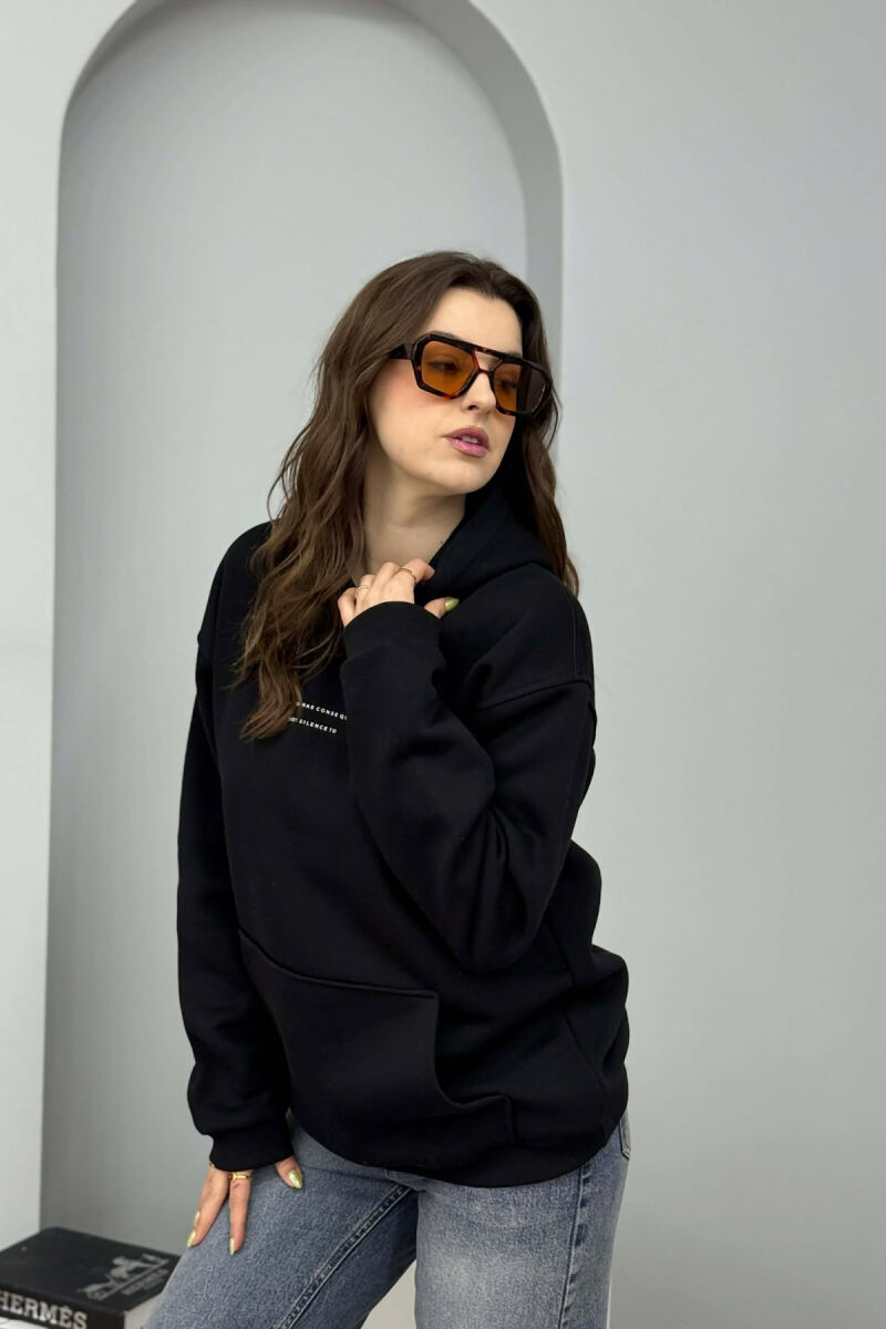 ONE COLOR FRONT SIMPLE WRITTING WOMEN HOODIE BLACK/ E ZEZE - 2