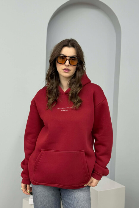 ONE COLOR FRONT SIMPLE WRITTING WOMEN HOODIE BURGUNDY/VISHNJE - 1