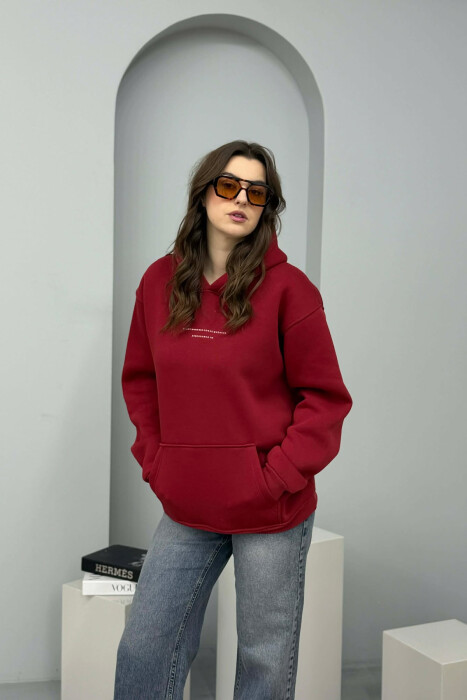 ONE COLOR FRONT SIMPLE WRITTING WOMEN HOODIE BURGUNDY/VISHNJE - 5