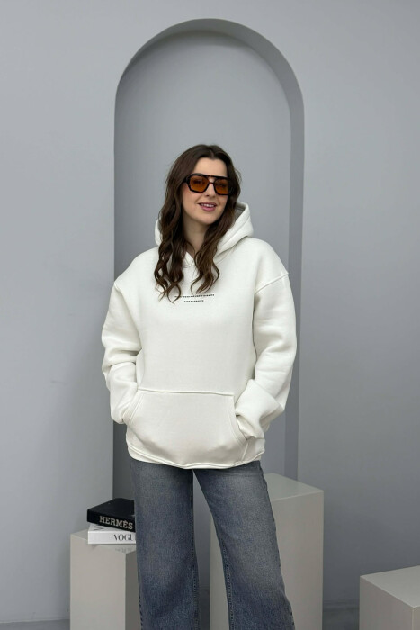 ONE COLOR FRONT SIMPLE WRITTING WOMEN HOODIE CREAM/KREM - 1