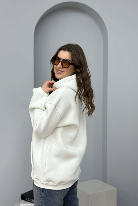 ONE COLOR FRONT SIMPLE WRITTING WOMEN HOODIE CREAM/KREM - 2