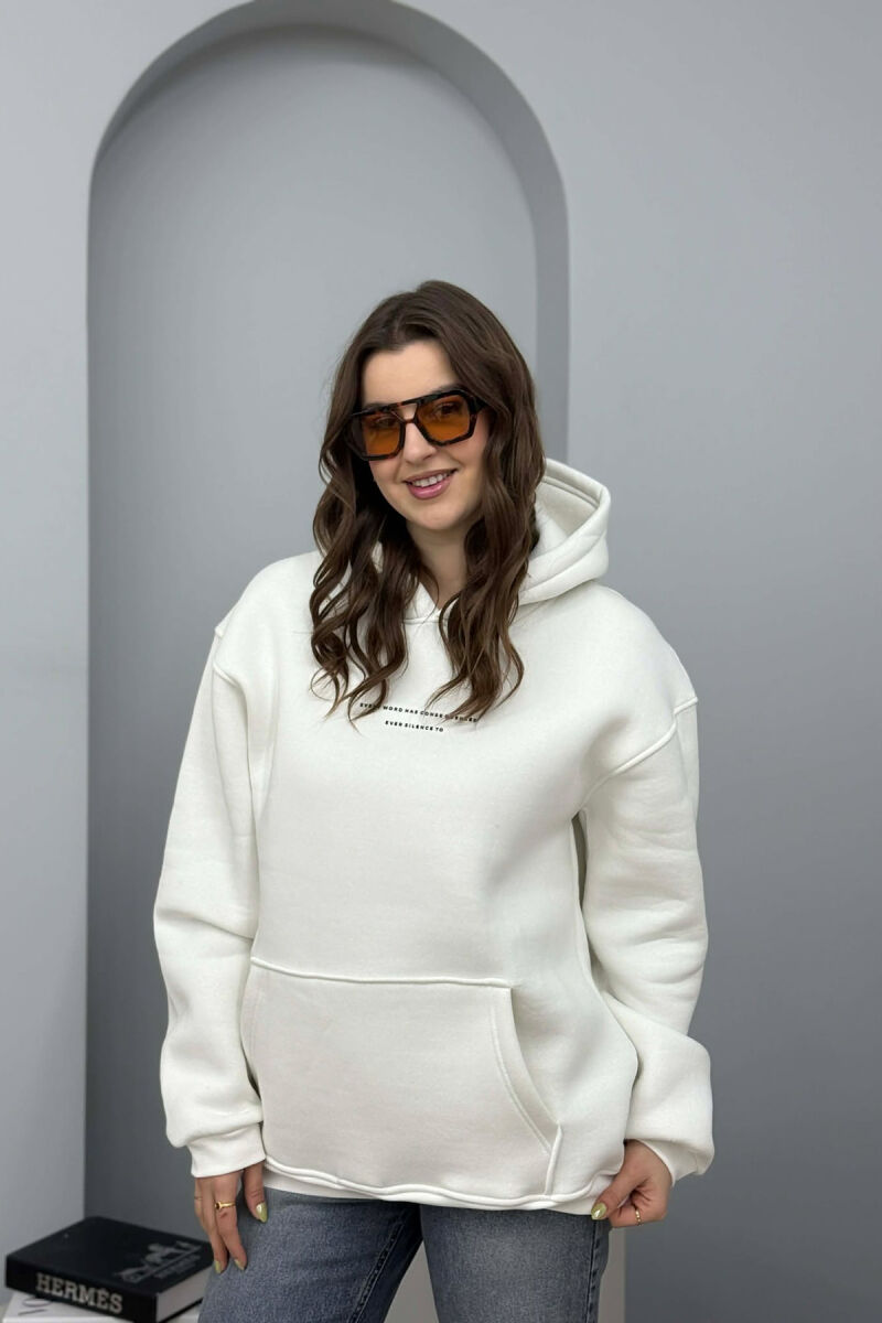 ONE COLOR FRONT SIMPLE WRITTING WOMEN HOODIE CREAM/KREM - 3