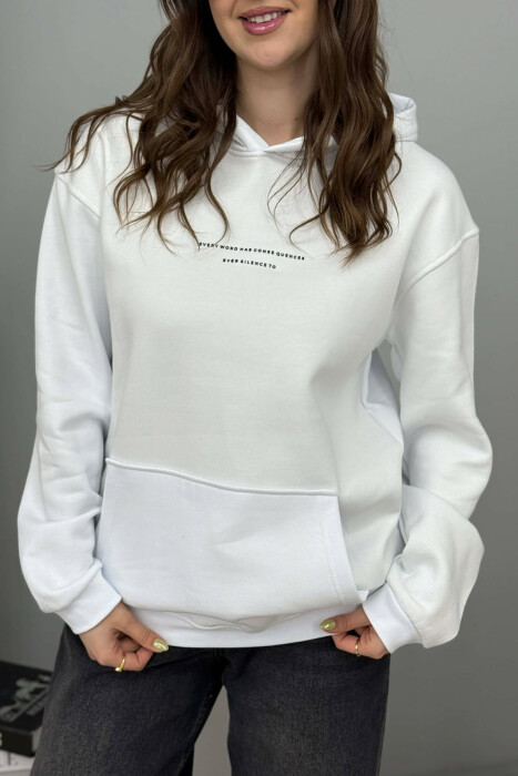 ONE COLOR FRONT SIMPLE WRITTING WOMEN HOODIE WHITE-E BARDHE - 3