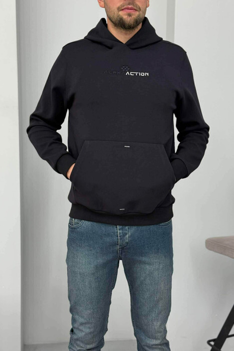 ONE COLOR FRONT WRITTING MEN HOODIE DARK BLUE/BEE 