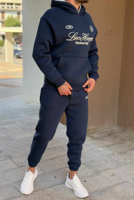 ONE COLOR FRONT WRITTINGS HOODIE+JOGGERS MEN SET BLUE/BLU - 5