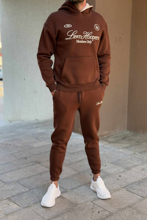 ONE COLOR FRONT WRITTINGS HOODIE+JOGGERS MEN SET BROWN/KAFE 