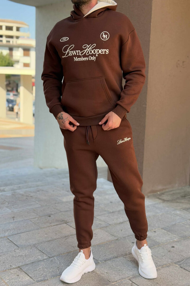 ONE COLOR FRONT WRITTINGS HOODIE+JOGGERS MEN SET BROWN/KAFE - 3