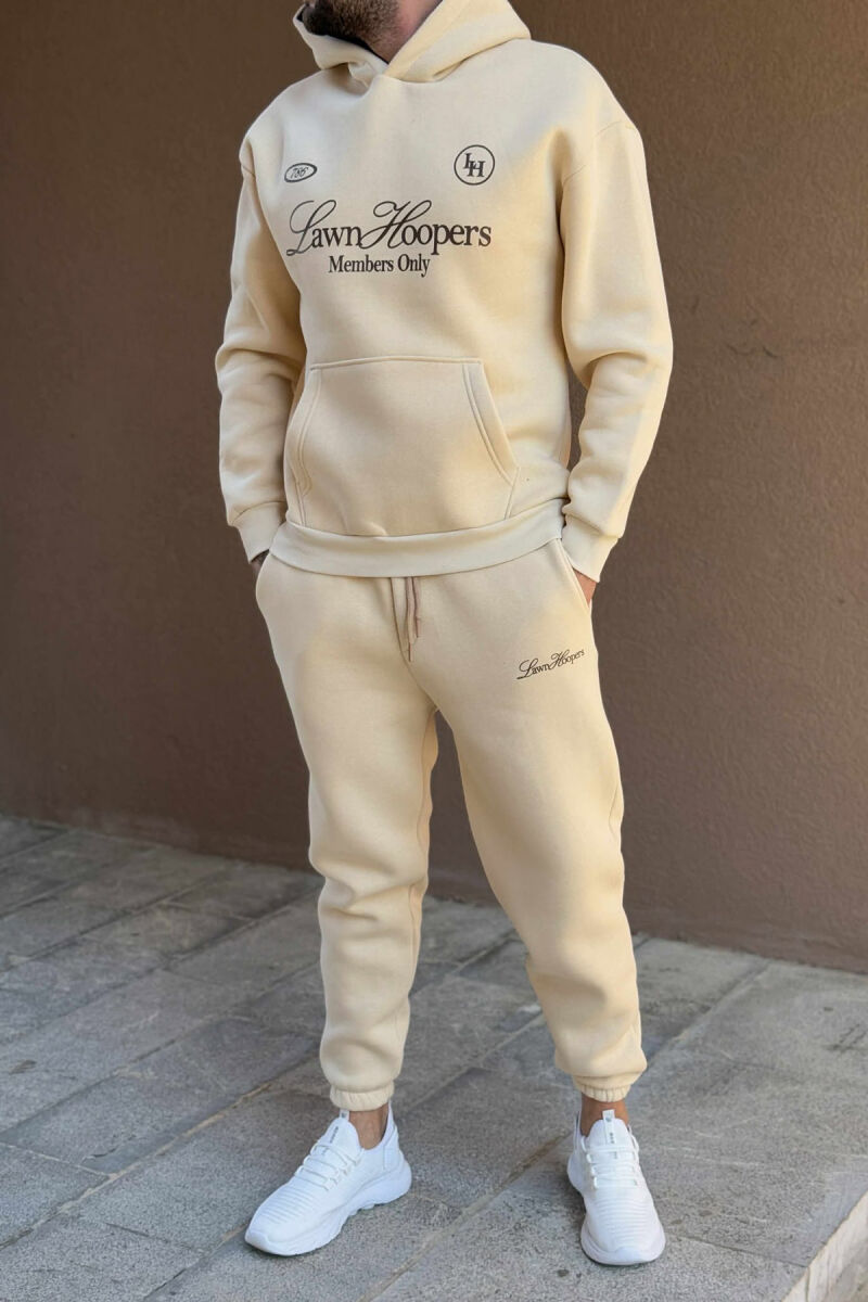 ONE COLOR FRONT WRITTINGS HOODIE+JOGGERS MEN SET CREAM/KREM - 1