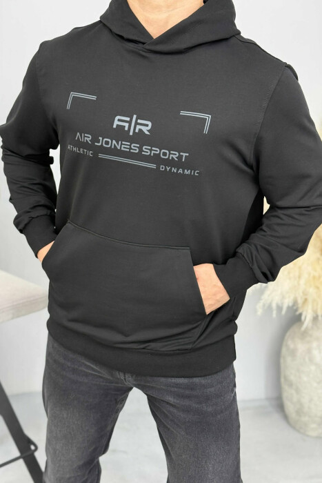 HOODIE NJË NGJYRËSHE ME DETAJIN E SHKRIMIT PARA PËR MESHKUJ NE NGJYRËN E ZEZË - KLAUDIO FASHION